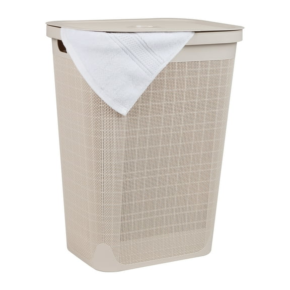 Mind Reader 60L Slim Laundry Hamper, Clothes Basket, Lid, Linen Design, Plastic, Ivory