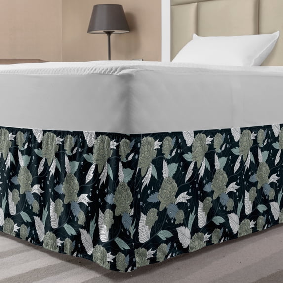 Floral Bed Skirt, Retro Style and Illustration of Rich Peony Flowers with Leaves and Curls, Elastic Bedskirt Dust Ruffle Wrap Around for Bedding Decor, 4 Sizes, Multicolor, by Ambesonne