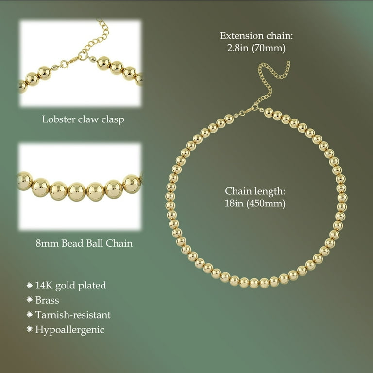 8mm Gold Ball Bead Chain Necklace 14K Gold Plated Choker