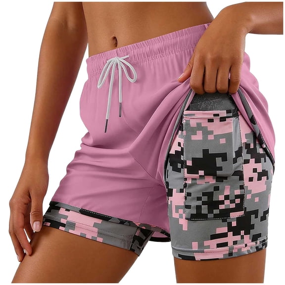 idosla Athletic Shorts for Women 2 in 1 Workout Athletic Gym Pant Drawstring High Waist Camo Liner Shorts with Pockets 2026 (Pink, XS)