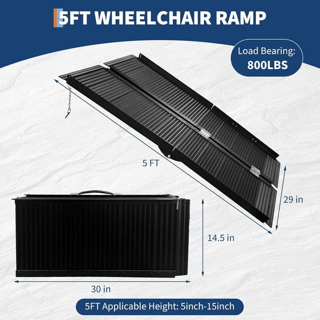 OUYAWEI 5FT Wheelchair Ramp with Handle Non-Slip Aluminum Folding 800 LBS Threshold Home Doorway Black