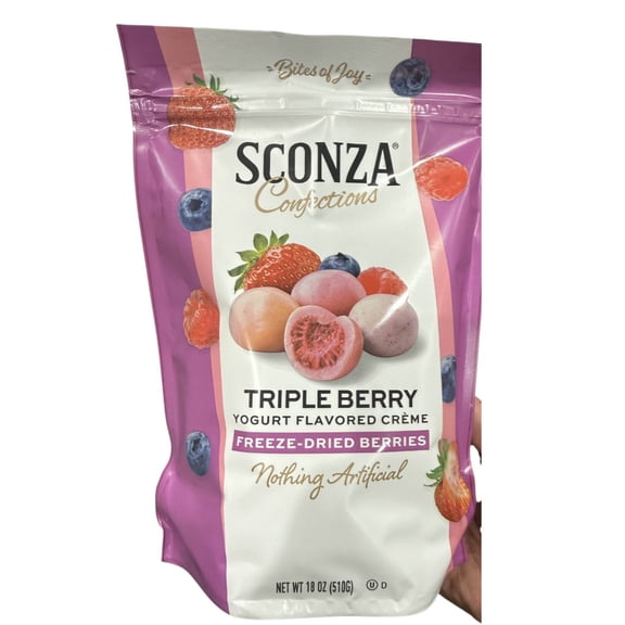 Sconza Triple Berry Freeze-Dried Berries Covered in Yogurt Flavored Crème, Strawberry Blueberry Raspberry Candy Snack, Resealable Bag, 18 Oz