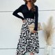 thumbnail image 3 of Vestido de mujer con nudo en la parte delantera, cuello en V, estampado con telas combinadas, una línea, dobladillo suelto, vestido de manga larga, negro S, 3 of 8