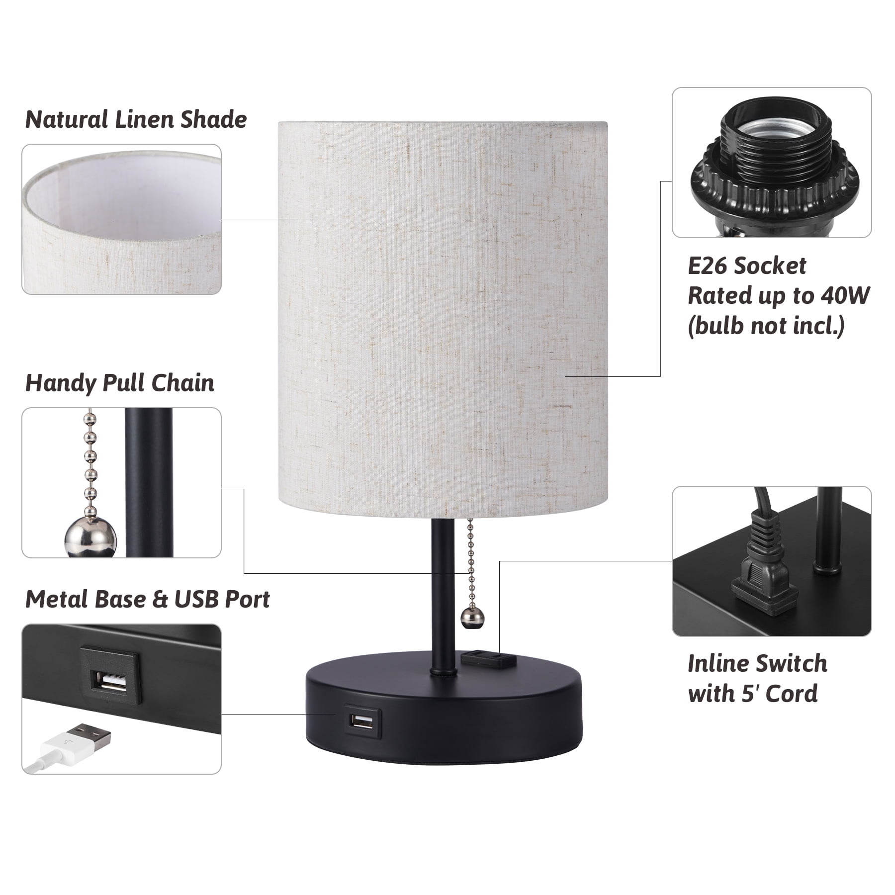 Wayshire Modern End Table and Side Table Lamp with USB Port & Outlet, Drum Shade, Black