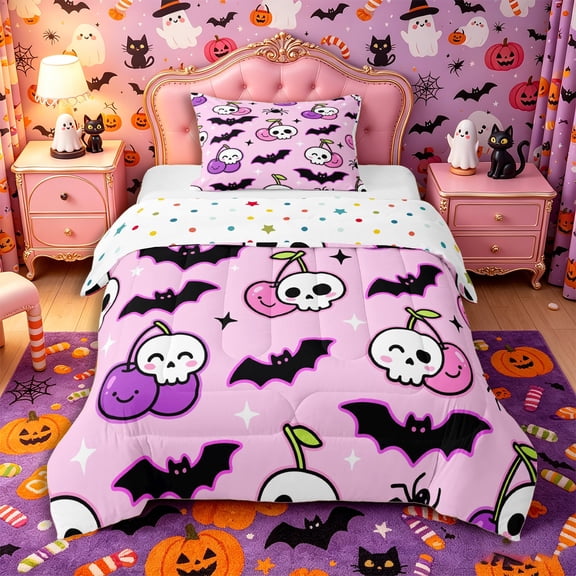 Manfei Halloween Kawaii Skull Cherry Twin Comforter Sets 2pcs, Cute Spider Bat Bedding Set, Pink Purple Black,Reversible,1 Comforter and 1 Pillowcase