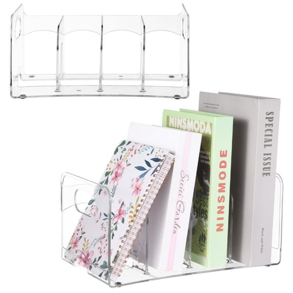 2 PCS Clear Magazine Holders, 4 Slots Clear Magazine Organizer, Transparent Book Desk Rack, Clear Plastic File Sorter Divider, Multipurpose Desktop Holder for Books Vinyl Records Office Files