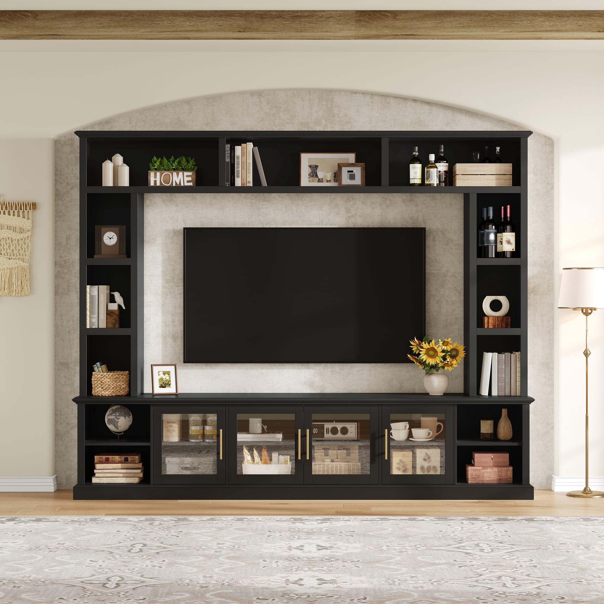 Euroco Entertainment Center Wall Unit for TVs up to 80", All-in-One Modern TV Stand with Bookshelves & Tempered Glass Doors, TV Console Unit with Shelving for Living Room, Entertainment