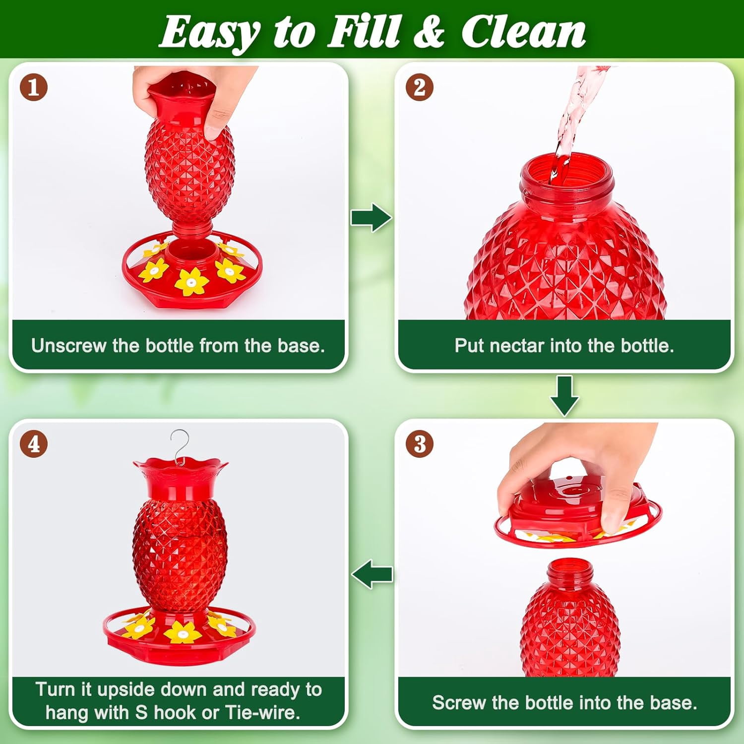 Glass Hummingbird Feeders for Outdoors Hanging 16oz 2 Pack Red Pineapple Bee & Ant Proof 360°Perch Leakproof Easy Clean with 6 Feeding Ports Gifts for Mom