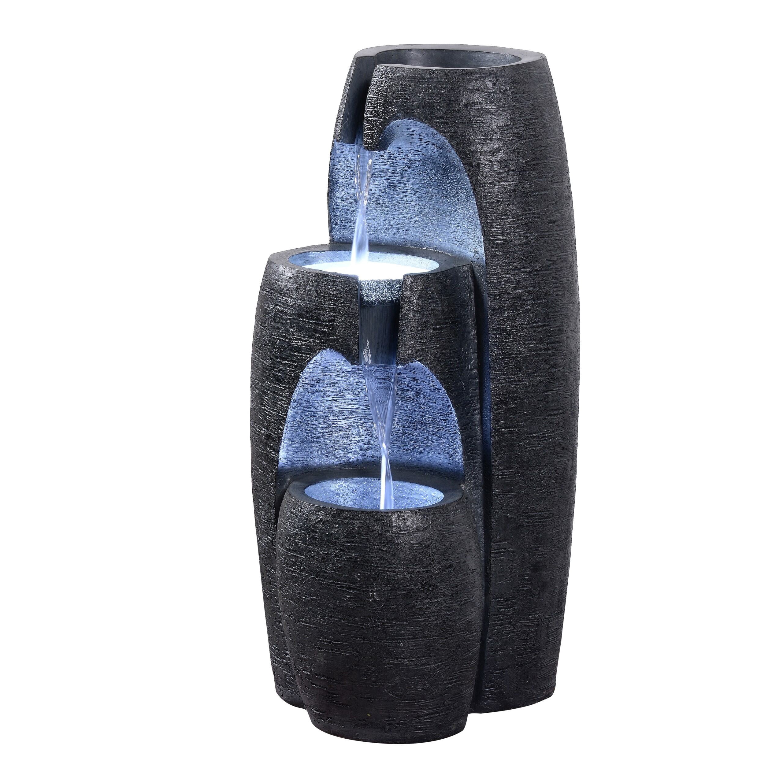 Teamson Home 3-Tier Cascading Urn Outdoor Water Fountain, Cool Glow Lighting with Adjustable Flow & Electric Pump, Black