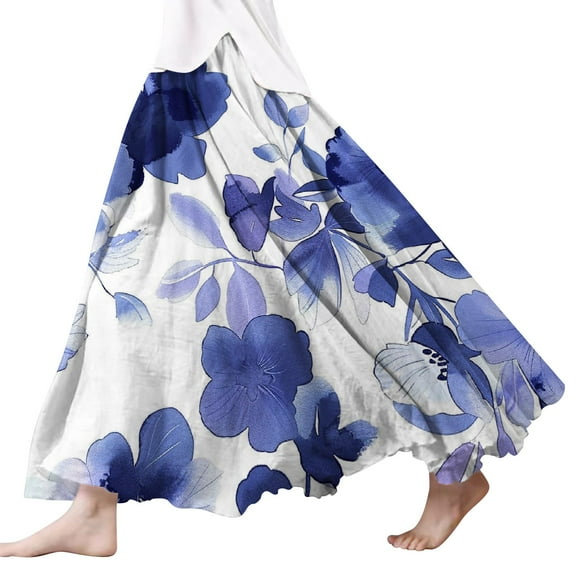 SNOWSONG Fall Skirts for Women 2024 Clearance! Women's Fashion Linen Scalloped Hem Floral Printed Half-Length Skirt, Midi Skirts, Boho Skirts, Floral Skirt 1PC bustle skirt Blue M