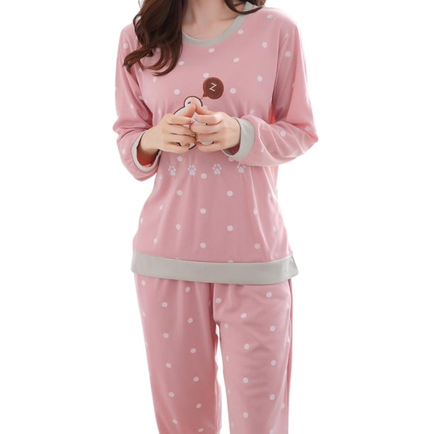 EeaseMX Conjunto de pijama de manga larga con dibujos animados, ropa de dormir de otoño de algodón, ropa de estar por casa, traje para mujer, talla XL (Oso Durmiente)