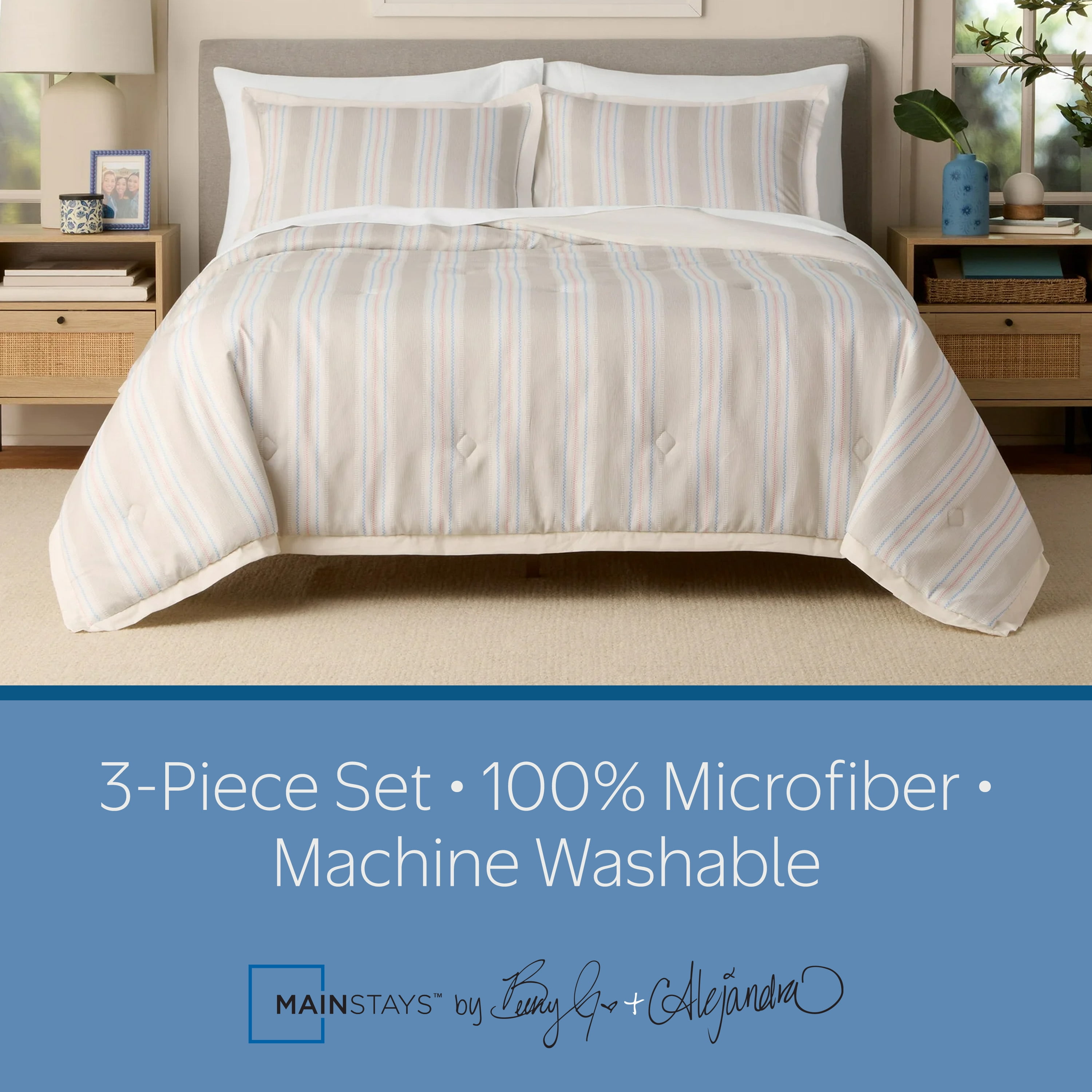 Mainstays by Becky G. & Alejandra 3-Piece Beige Stripe Comforter Set with Shams, Full/Queen