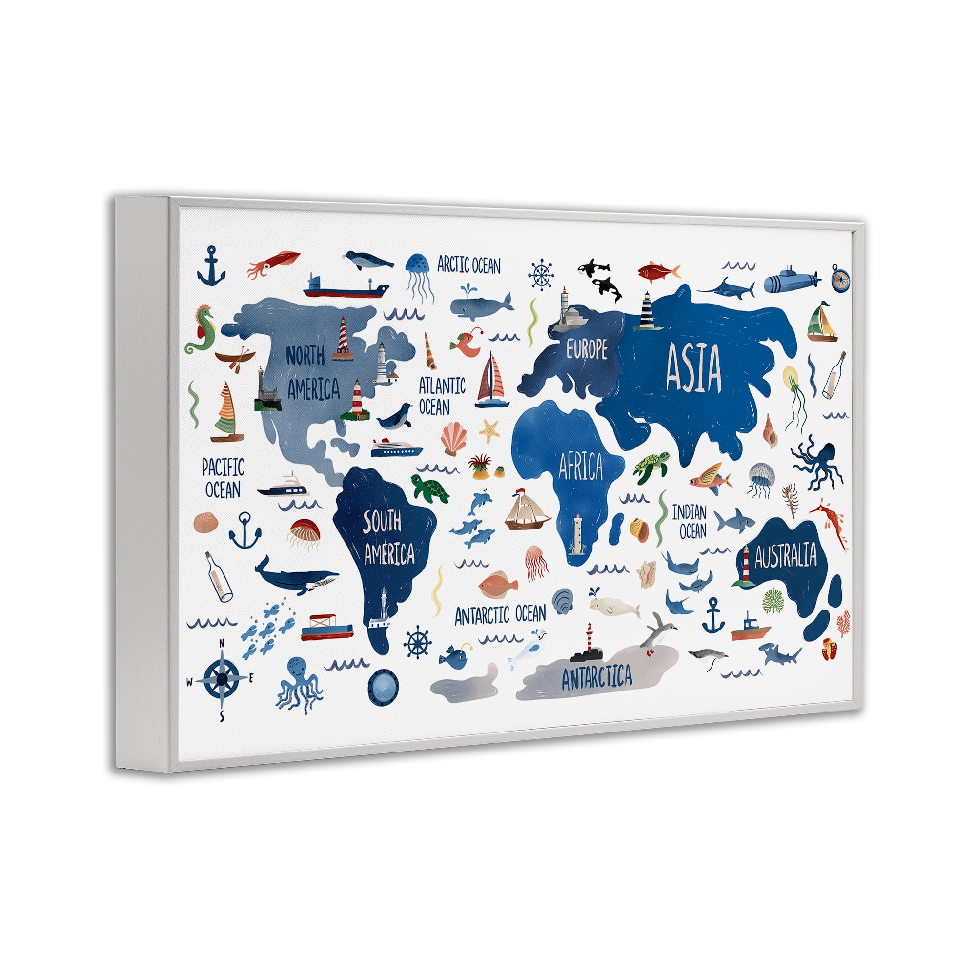 Stupell Industries Nautical Themed Map Travel & Places Painting White Framed Art Print Wall Art, 18 x 12