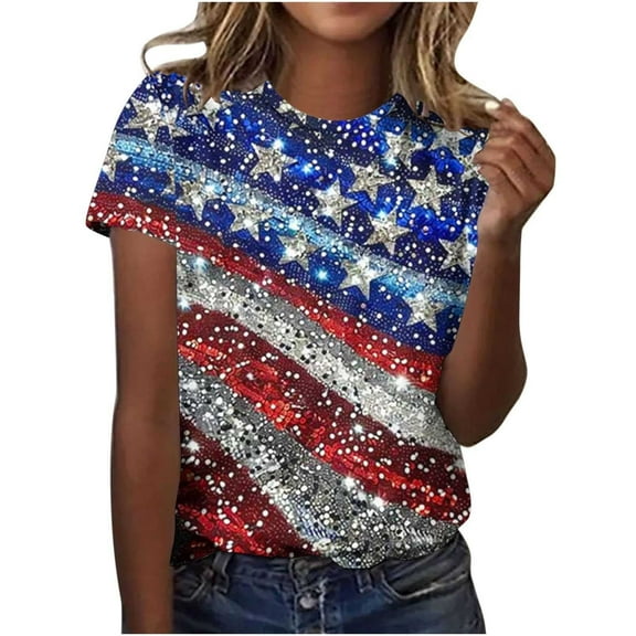 Uaswgudfs Women's Patriotic US Flag Sequined Star Striped T-Shirt - 4th of July Glamorous Tops & Shirts Multicolor L