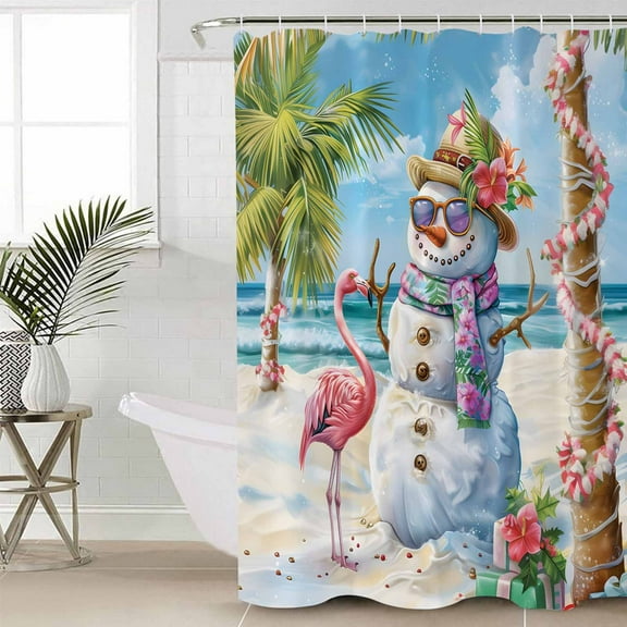 Coastal Snowman Christmas Waterproof Fabric Shower Curtain, Xmas Tree Flamingo Beach Shower Curtain for Bathroom Curtains Bathtubs Hotel Washable Shower Curtains with 12 Hooks Small 36x78in