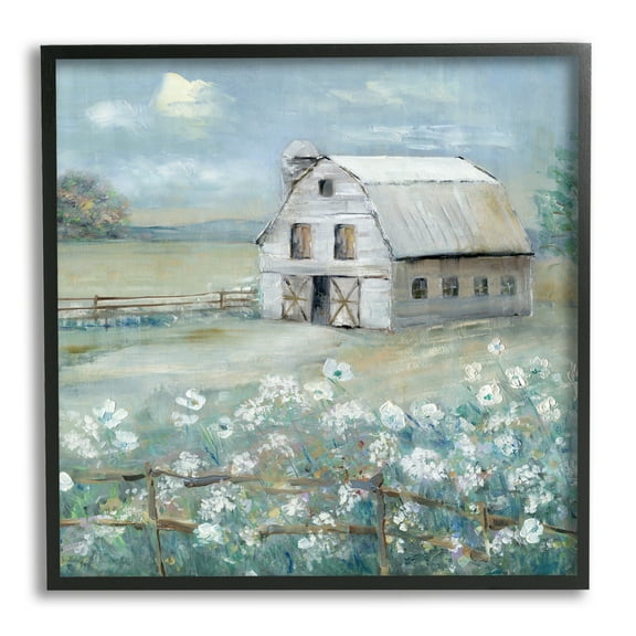 Stupell Industries Barn in Floral Meadow Landscape Painting Black Framed Art Print Wall Art, 12 x 12