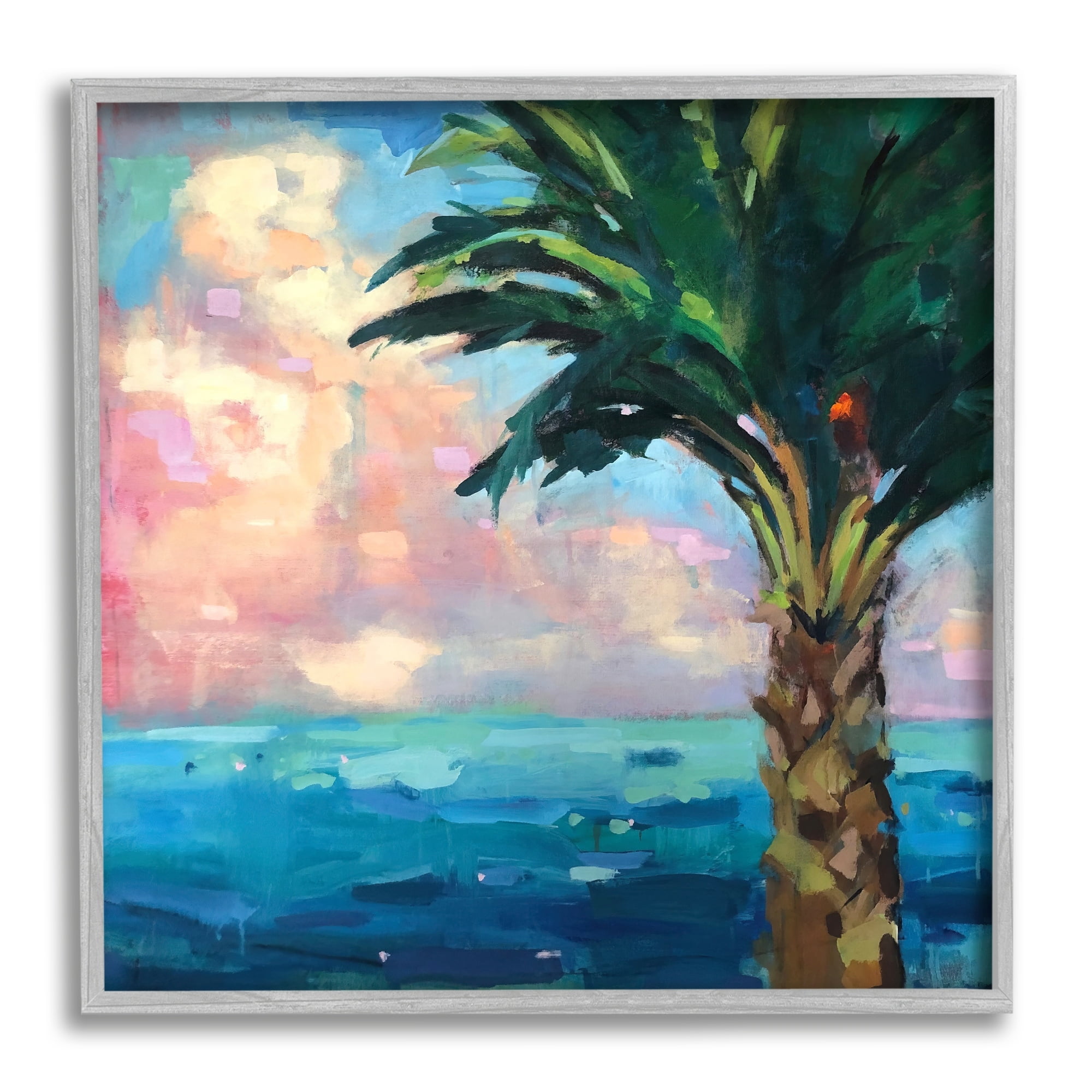 Stupell Industries Bold Beach Horizon Palm Tree Pink Sunlit Clouds Painting Gray Framed Art Print Wall Art, Design by Page Pearson Railsback