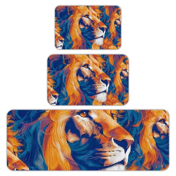 RKSupls Kitchen Rug Set 3 Piece Anti-Slip Flannel Floor Mats, Lions Pattern Colorful Washable Absorbent Runner Mats for Kitchen Bathroom Home Decor