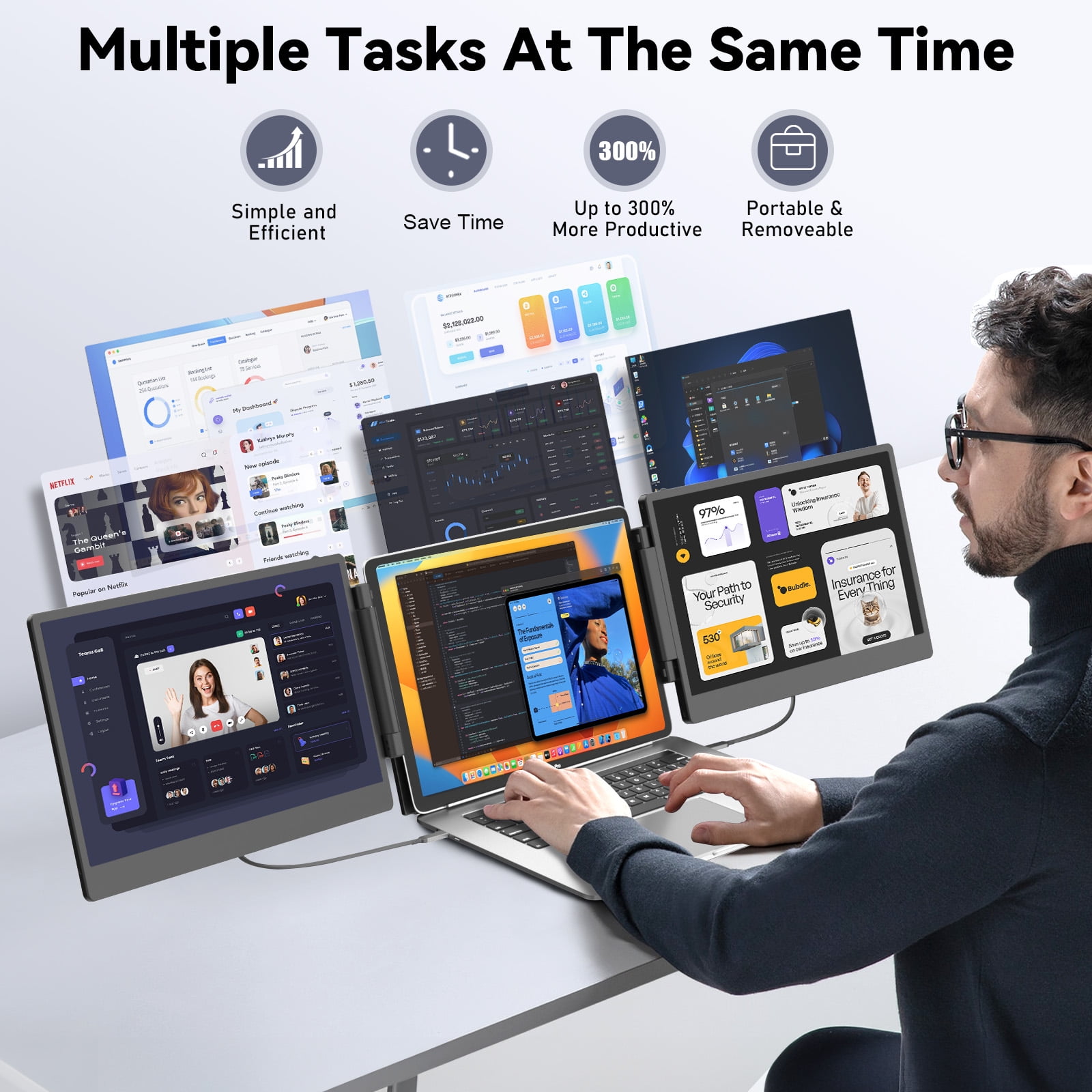 Laptop Screen Extender, 14" FHD 1080P IPS Laptop Monitor for Laptop , Built-in Stand, Portable Dual Second Monitor Fit HDMI/USB-A/Type-C Plug & Play for Wins/Mac/Switch