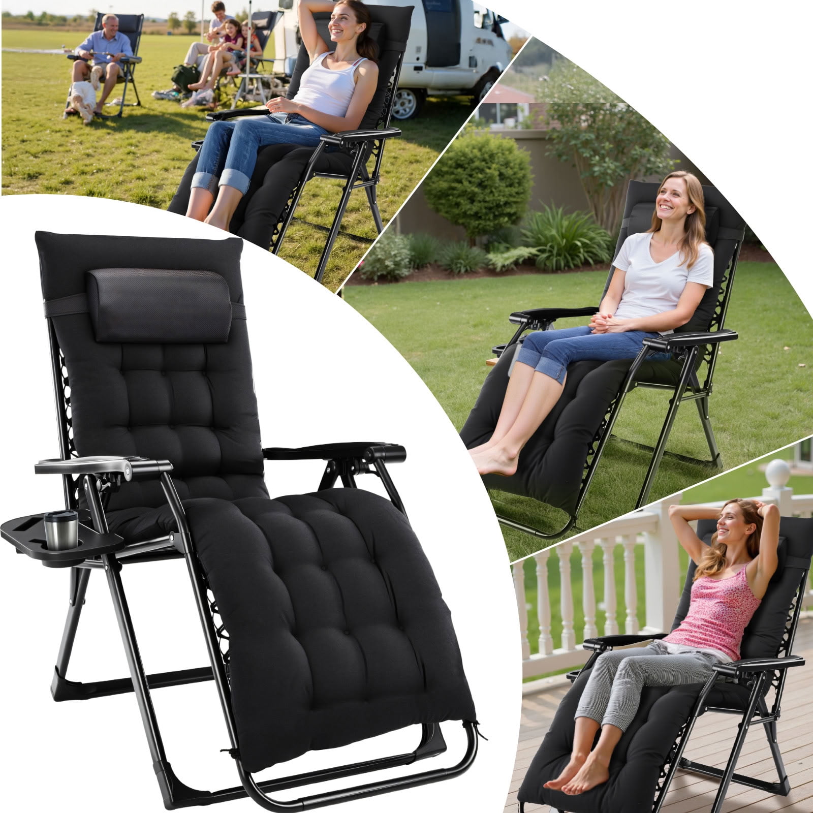 MAYEERTY Lockable Outdoor Zero Gravity Chair, Foldable Reclining Patio Lounge Chair with Removable Cushion & Cup Holder Tray, for Lawn Pool Beach Balcony