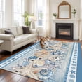 thumbnail image 3 of Blue Coastal Washable Living Room Rugs 5'x7', Eucalyptus Leaves Starfish Shells Retro Summer Low Pile Throw Large Area Rugs Non-Slip Sturdy Edge Binding Carpet for Dining Room Bedside Kitchen, 3 of 9