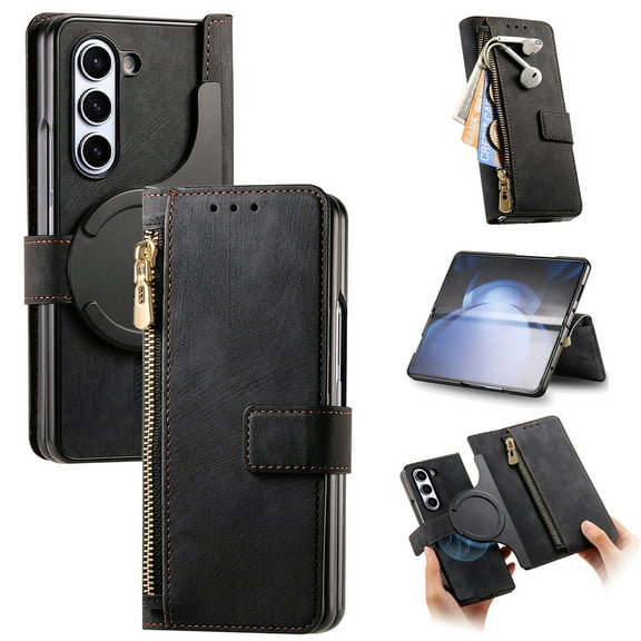 Dteck Case for Samsung Galaxy Z Fold 7,Detachable Magnetic Wallet RFID Blocking 2 in 1 Retro PU Leather Zipper Purse Cover Flip Folio Case with Card Holder for Galaxy Z Fold 7 5G,Black