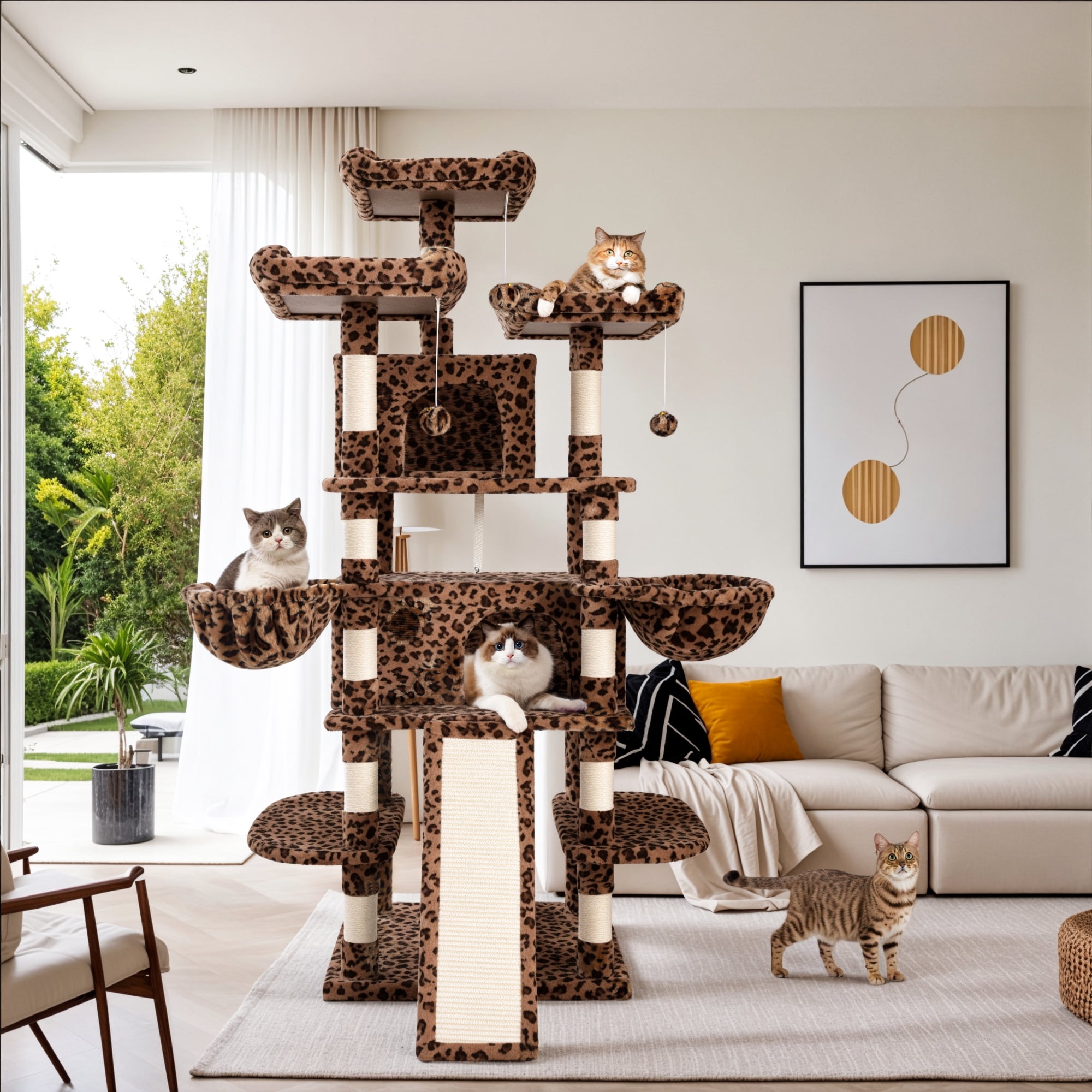 Sha Cerlin 68" X Large Cat Tree and Tower for Cats with Condo House, Sisal Scratching Board & Posts, Leopard Print