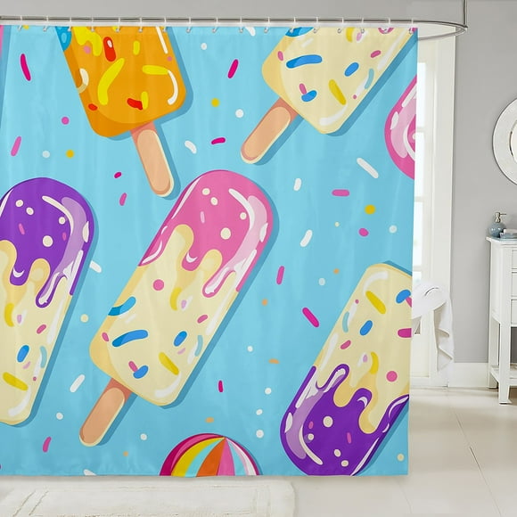 YST Cute Rainbow Popsicle Shower Curtain Set，Watercolor Candy Dessert Bathroom Curtain Cartoon Food Print Fabric Shower Curtain 72"Wx72"L