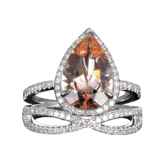 2pcs 11x8mm Tear Droped Peach Pear Shape 4.75 Carat Morganite Engagement Ring Diamond Moissanite 10k White Gold Wedding Set