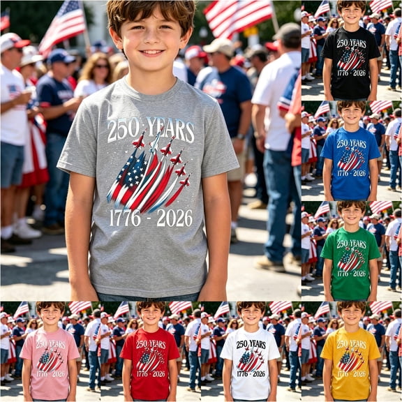 RTKFRFLM Kids US 250th Semiquincentennial T-Shirt 4th of July Patriotic American Flag Print Crewneck Short Sleeve Graphic Tee for Boys Girls