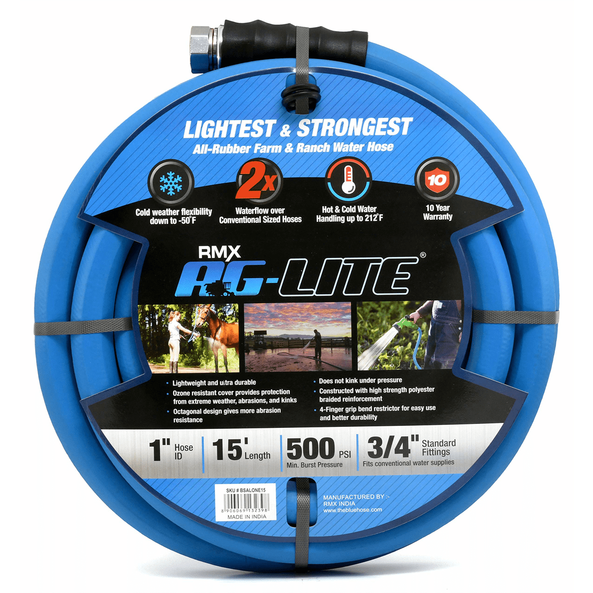 BluBird BSALONE15 AG-LITE 1" x 15' Hot/Cold Water Polyester Braided Rubber Hose