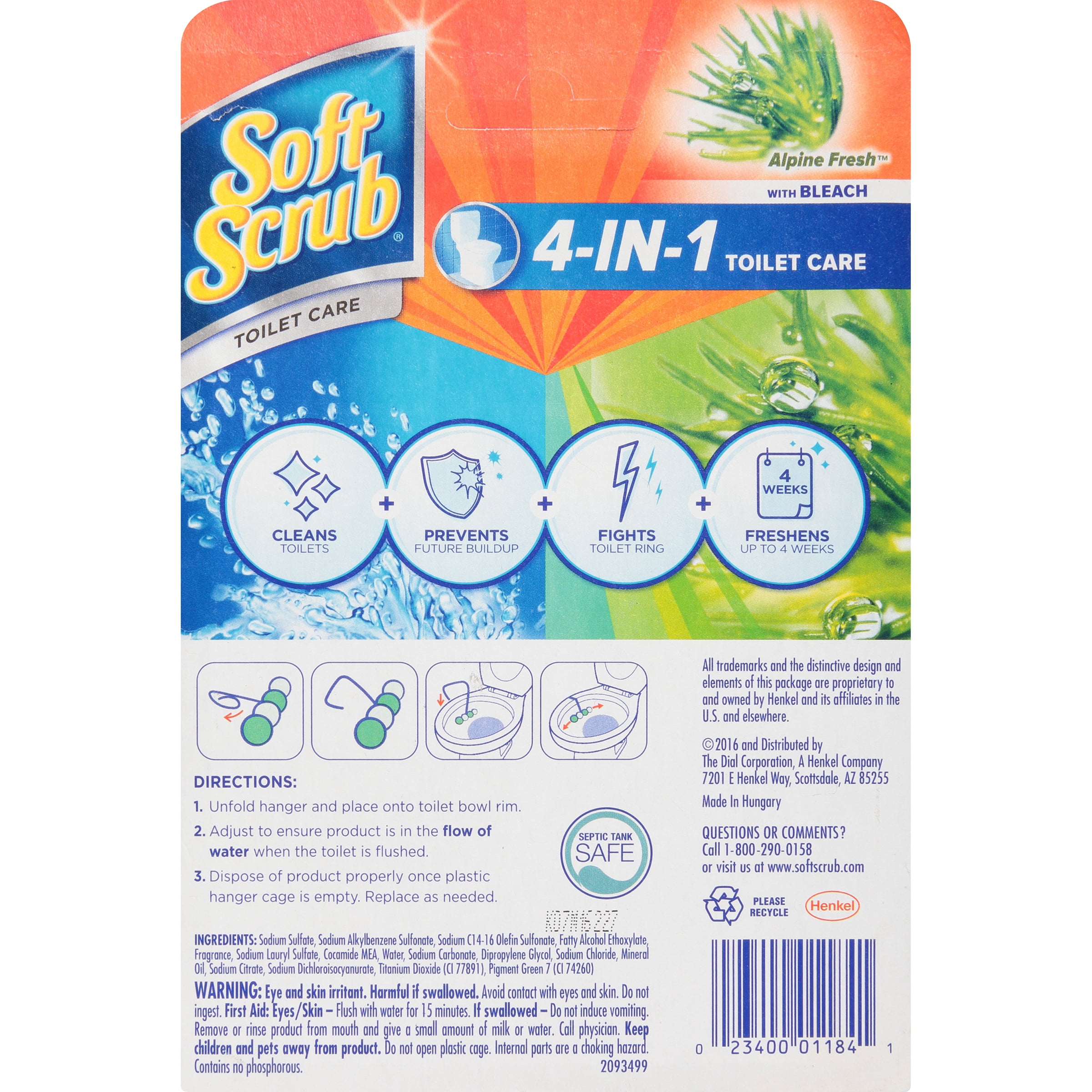 Soft Scrub 4-in-1 Rim Hanger Toilet Bowl Cleaner, Alpine Fresh with Bleach, 2 Count
