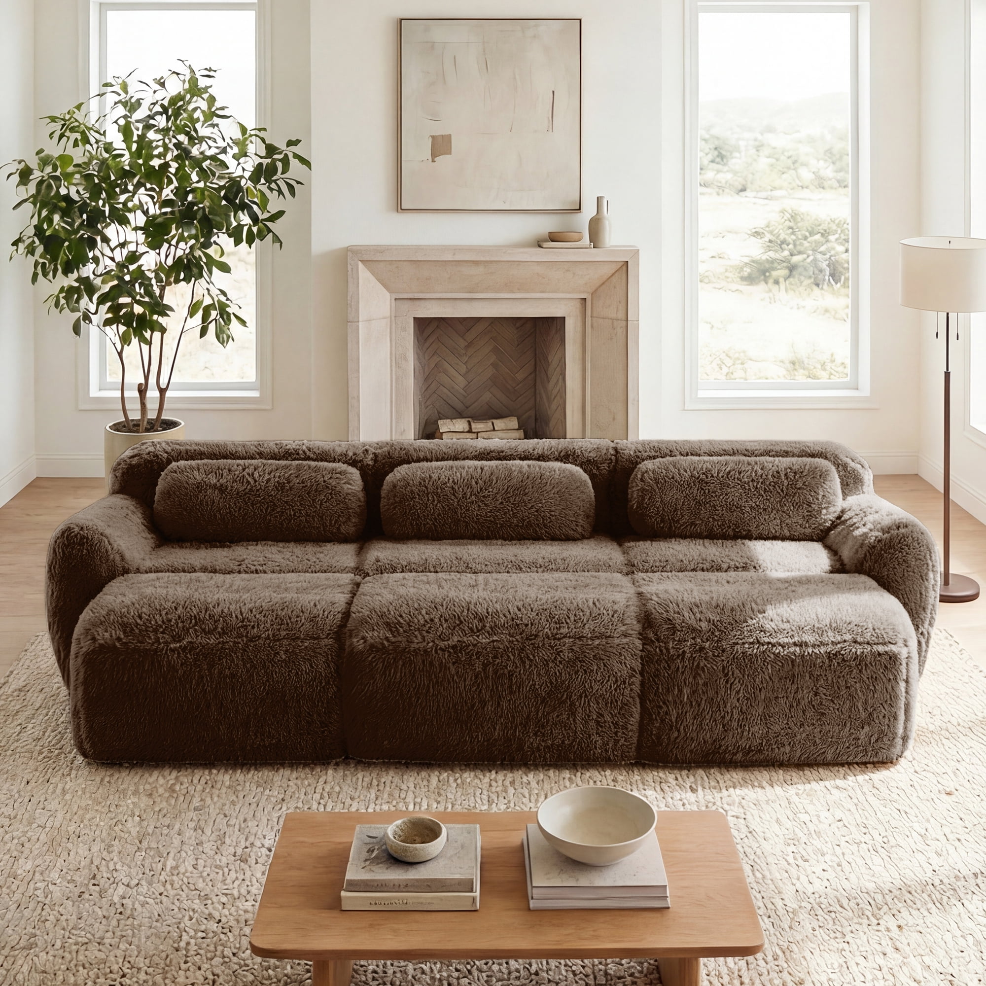 MAYEERTY 114.7" 3-Seater Plush Modular Sofa, Chocolate 32D Foam Non-Slip Base Buckle Connection No Assembly Couch with Movable Ottoman for Bedroom Living Room