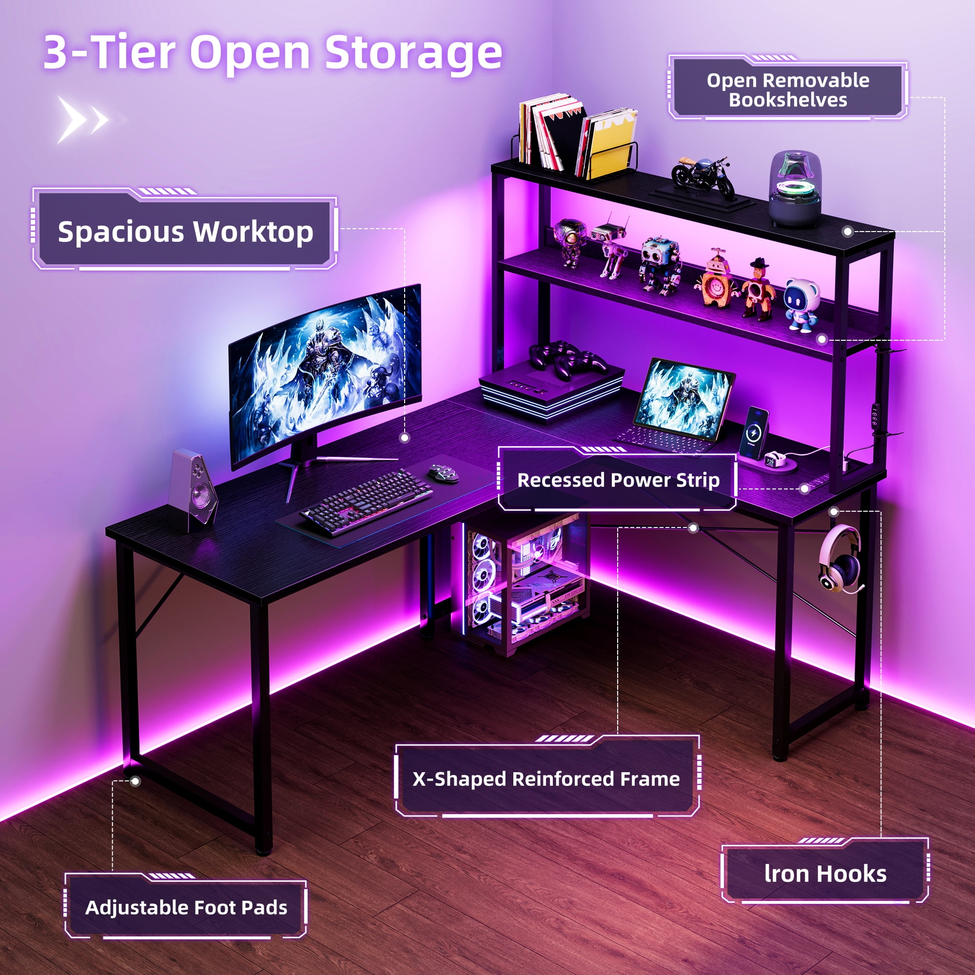 43 Inch L-Shaped Office Desk with Power Outlets, Gaming Desk with LED Lights for Home Office, Corner Computer Desk with Hutch, Black