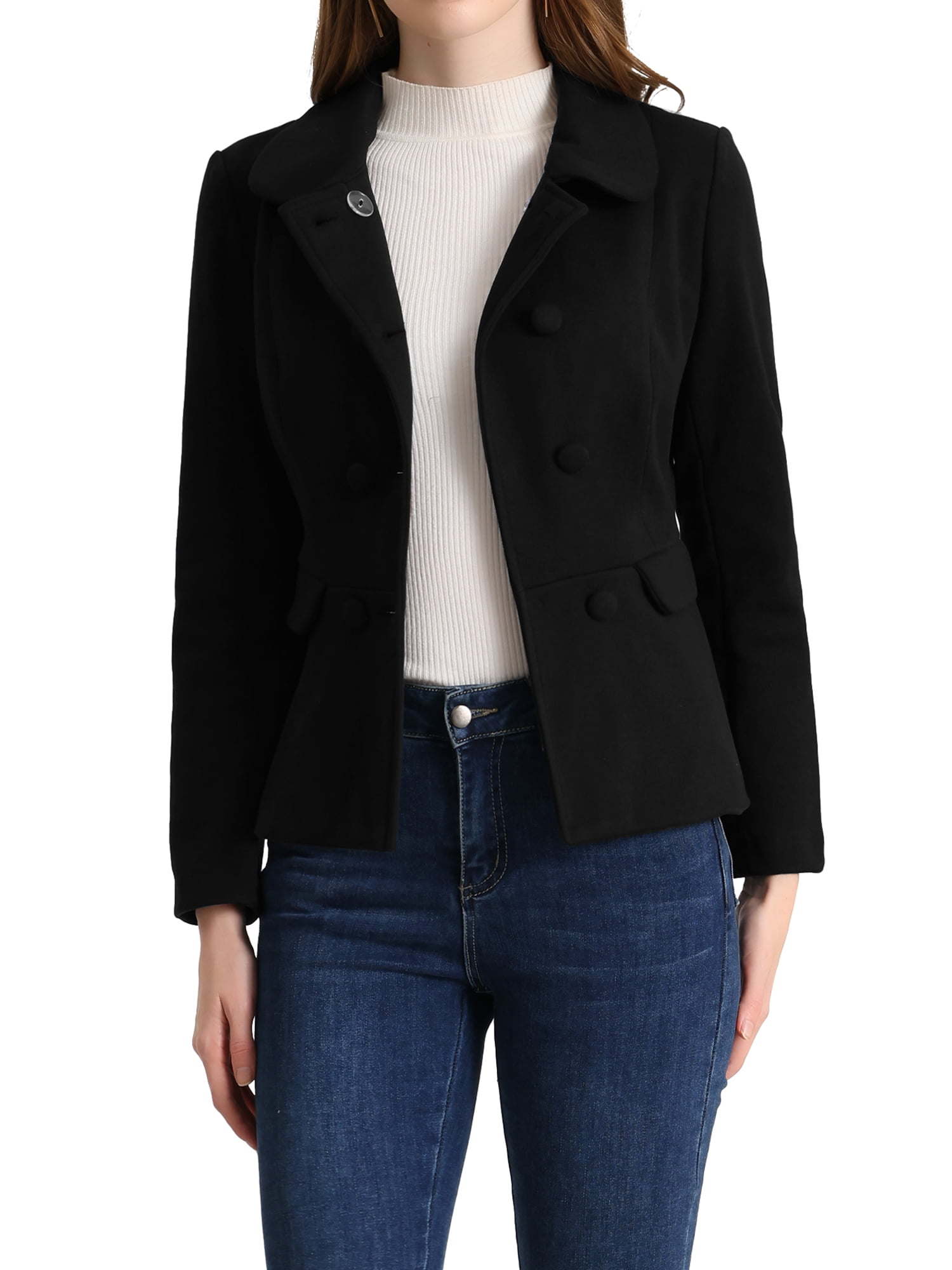 Unique Bargains Women's Button Decor Casual Peter Pan Collar Peplum Blazer