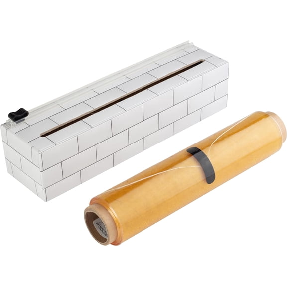 ChicWrap Subway Tile Plastic Wrap Dispenser - Refillable Food Wrap System with Slide Cutter, Non-Slip Base and 9" x 250' Roll of Professional Grade Plastic Wrap