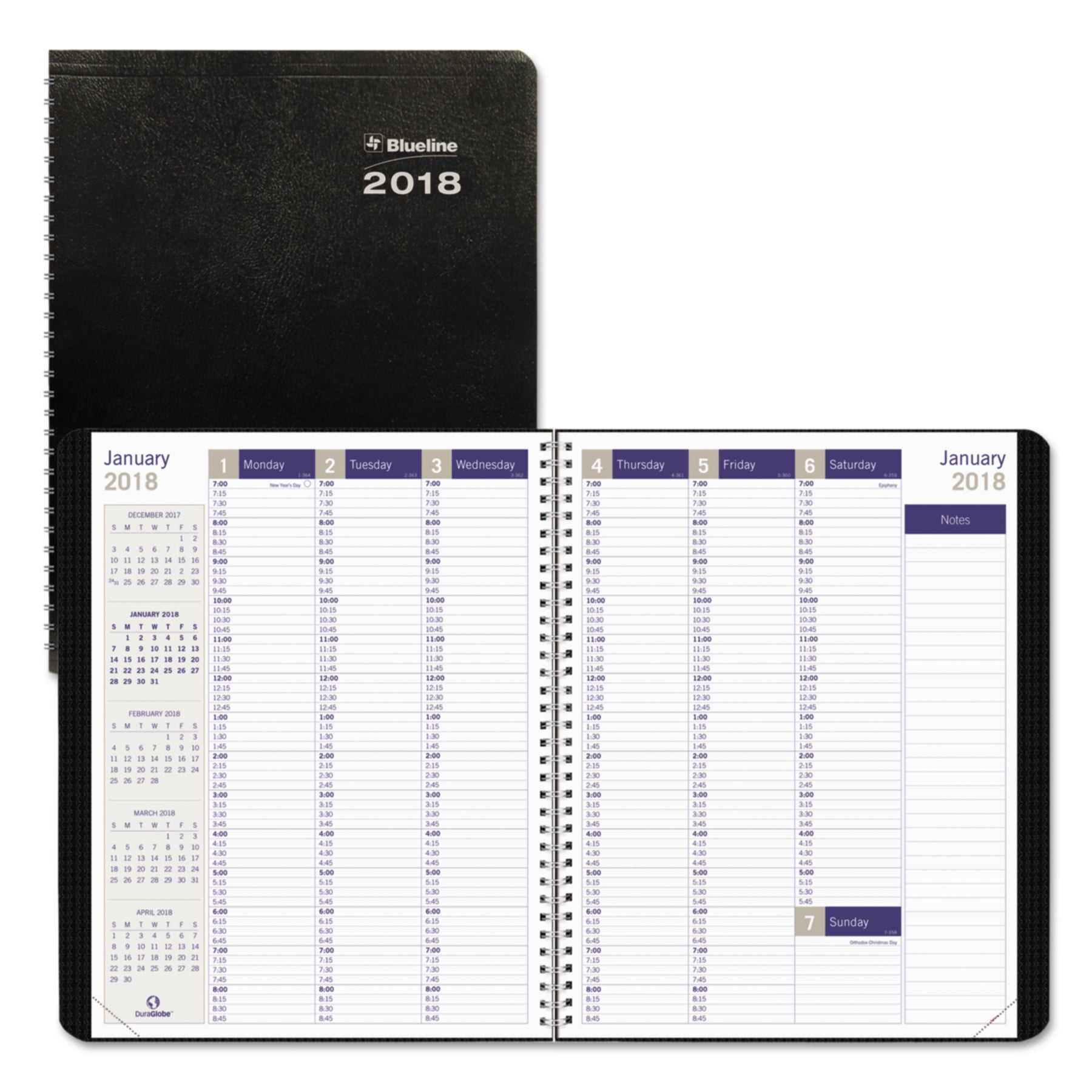 Blueline DuraGlobe Weekly Planner, 15-min Appointments, 11 x 8 1/2, Black, 2018