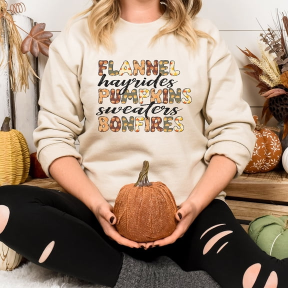 Flannels Hayrides Pumpkins Sweaters Bonfires Sweatshirt, Pumpkin Fall Sweatshirt, Fall Sweatshirt for Women, Thanksgiving Sweatshirt (Sizes:S; Colors:Maroon;)