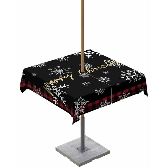 Fsddascl Black Snowflake Christmas Outdoor Tablecloth - 54x54 Inch Square Dining Table Cover, Xmas Red Plaid Waterproof Outdoor Table Cloth with Umbrella Hole & Zipper for Picnic/Patio/Party