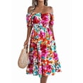 thumbnail image 3 of Women's Short Sleeve A Line Dresses Square Neck Flowy Floral Smocked Midi Dress for Casual Red S, 3 of 10
