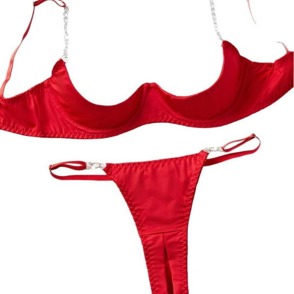 Bystar Sexy Underwire solid color Push Up Bra Half cup holder chain crotch opening Lingerie Set for Women 2 Piece