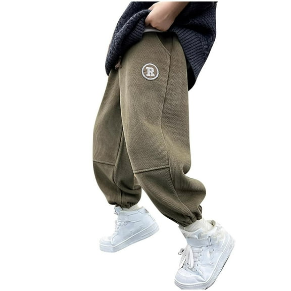 Hduncf Boys Corduroy Sweatpants with Pockets Baggy Jogger Pants Casual Elastic Waist Hiking Pants Fall Winter Clothes Khaki 9 Years