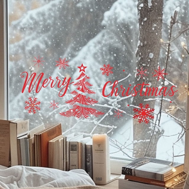 Christmas Window With Red Christmas Tree Snow Glass Window Decoration Wall Stickers