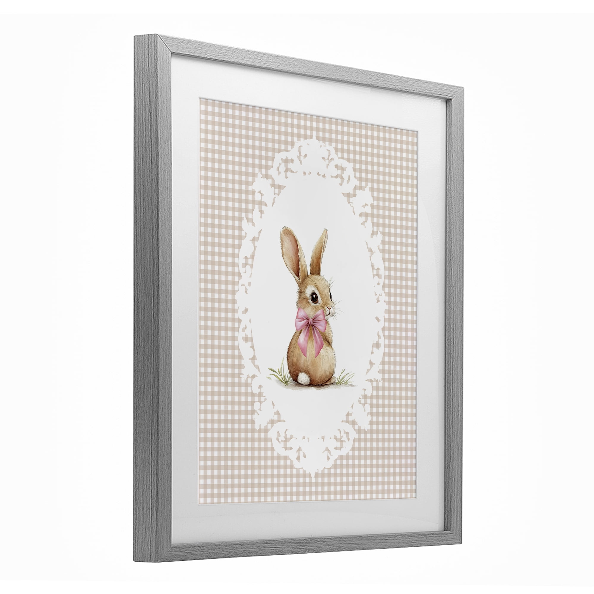 Stupell Industries Vintage Bow & Gingham Bunny Gray Framed Print Under Glass, design by Christine Simpson Art