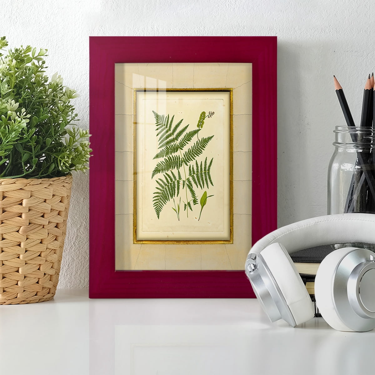 Fern with Crackle Mat (H) IV - Framed Print w/glass - Cherry Red