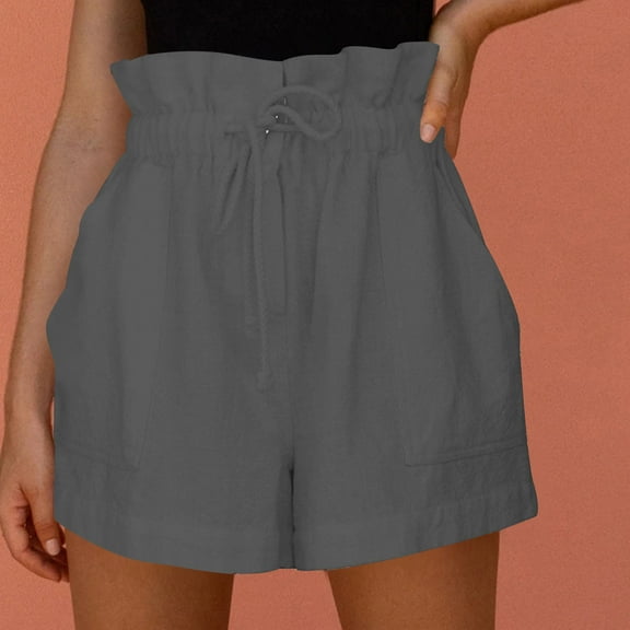 SDJMa Workout Shorts for Women Womens Drawstring Cotton And Linen Elastic Waist Pocket Solid Shorts Pants