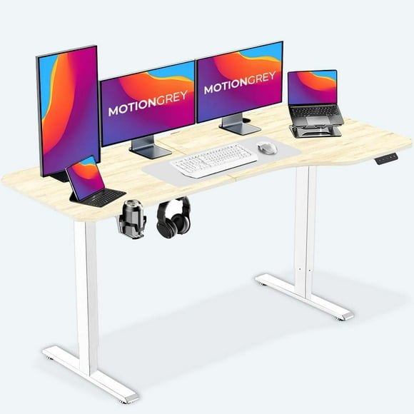 MotionGrey - Ergo2 XL Adjustable Right L-Shaped Electric Standing Desk with Memory Settings -63"x24" Light Brown Top White Frame Ergonomic Desk for Home and Office