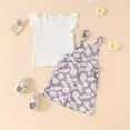 thumbnail image 2 of Zwiiyzr Toddler Baby Girl Clothes Ribbed Flutter Sleeve T-Shirt Daisy Floral Suspender Overalls Shorts Set 2Pcs Summer Outfits 1-5T Purple, 2 of 3