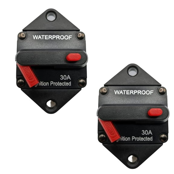 Rayne's World 2 PACK 30 Amp 12V-48V DC Waterproof Panel Mount Circuit Breaker Manual Reset - Great for Car Stereo, Solar Power Systems, Automotive, ATV, Marine, Boat Trolling Motors