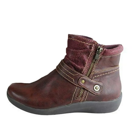 

Juebong Women s Vintage Splicing Round Toe Fur Lined Winter Zip Up Short Naked Boots Shoes Red Size 5.5